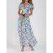 European And American Style Beach Maxi Dress for Women Chiffon Floral Print Short Sleeves Ruffled V Neck Waist Cinching Design_ecoleips.com