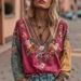 Bohemian Floral Print V-Neck Blouse - Cotton Linen Long Sleeve Tunic Top For Women, Casual Ethnic Embroidered Peasant Shirt_ecoleips.com