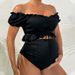 Maternity Bikini Set Solid Color Pregnancy Swimsuit with Short Sleeve Top And High Waist Bottom for Expecting Mothers_ecoleips.com