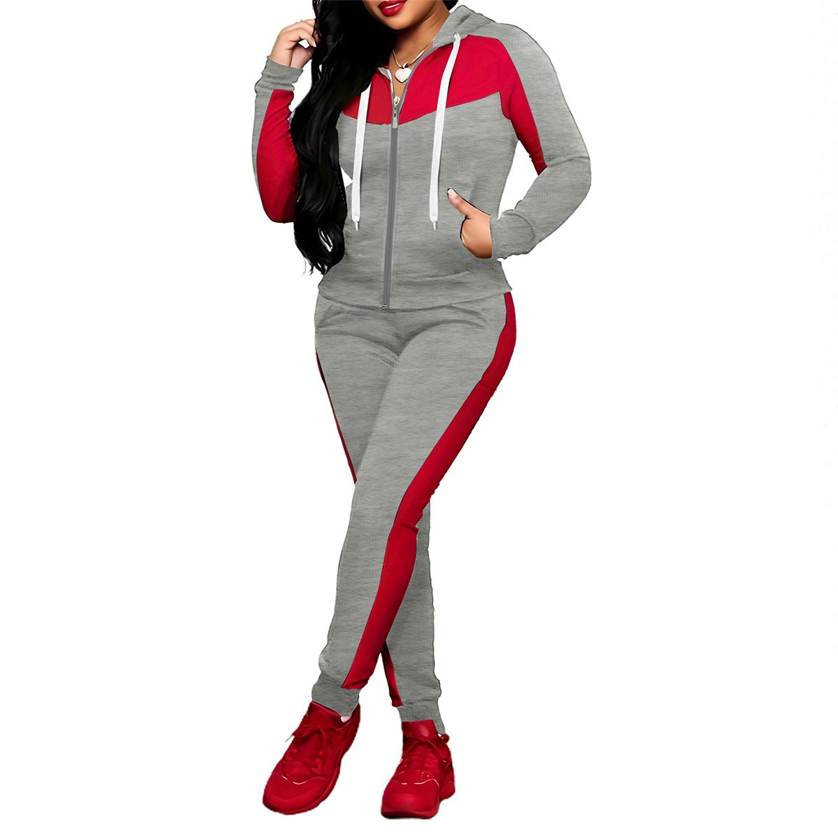 Women's Color Block Zip Up Hooded Sweatshirt Set Style Spring Autumn Fashion Two Piece Set_ecoleips.com