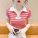 Women's Clothing Summer New Color Matching Striped Short Sleeved T Shirt Women's Slim And Versatile Contrast Color Collar T Shirt Women_ecoleips.com
