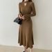 K Trendy Bell-sleeved V-neck Sweater Dress For Women; A Minority Design With A Slender Waist And Slimming Effect_ecoleips.com