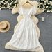 Women's Clothing Hollow Embroidery Square Collar Puff Sleeve Dress Waist Slimming Temperament Holiday Long Dress_ecoleips.com