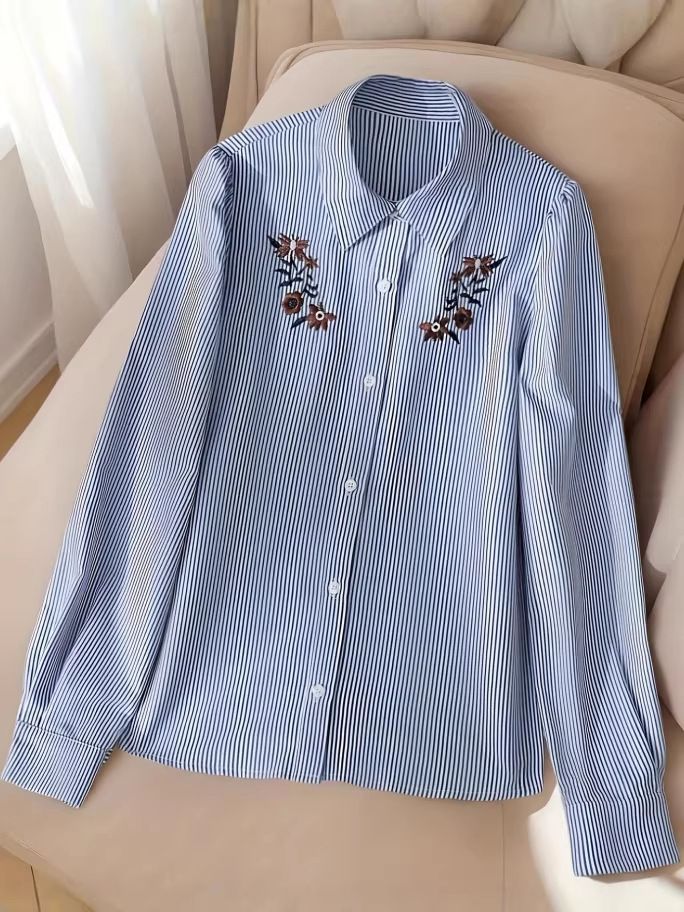 New Women's Long Sleeved Shirt Embroidered Striped Design_ecoleips.com