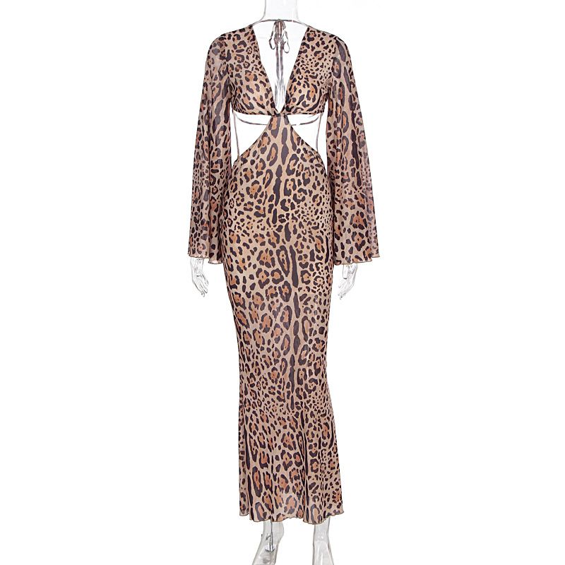Summer New Arrival Sexy Leopard Print Tie Deep V Neck Cut Out Long Sleeve Dress For Trendy Hot Girls Casual Party Outfit_ecoleips.com