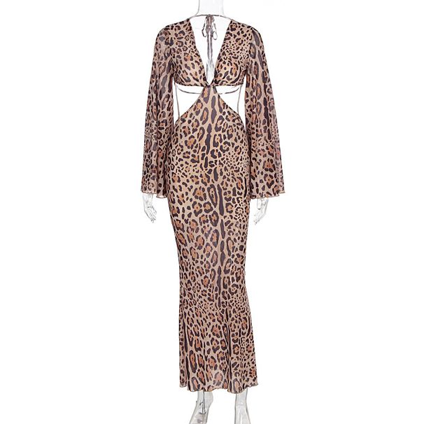 Summer New Arrival Sexy Leopard Print Tie Deep V Neck Cut Out Long Sleeve Dress For Trendy Hot Girls Casual Party Outfit_ecoleips.com
