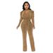 Women's Clothing Cinching V Neck Puff Sleeve Glossy Knit Sexy V-Neck Belted Jumpsuit With Puff Sleeves & Metallic Finish - Women's Shiny Knit Romper_ecoleips.com