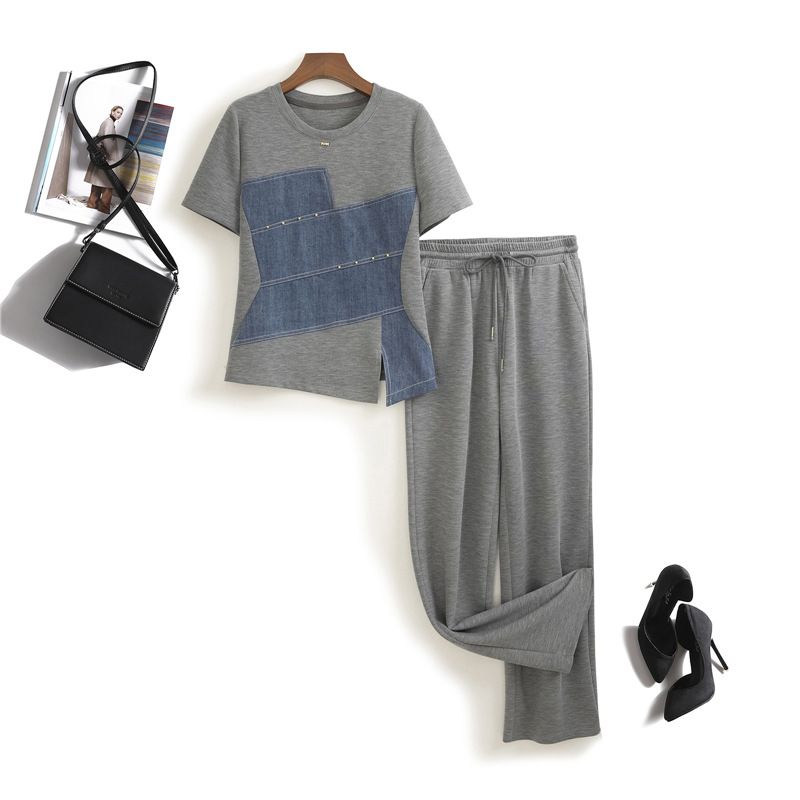 Women's Clothing Design Denim Patchwork Short Sleeved T Shirt With Trousers Two Piece Fashion Suit_ecoleips.com
