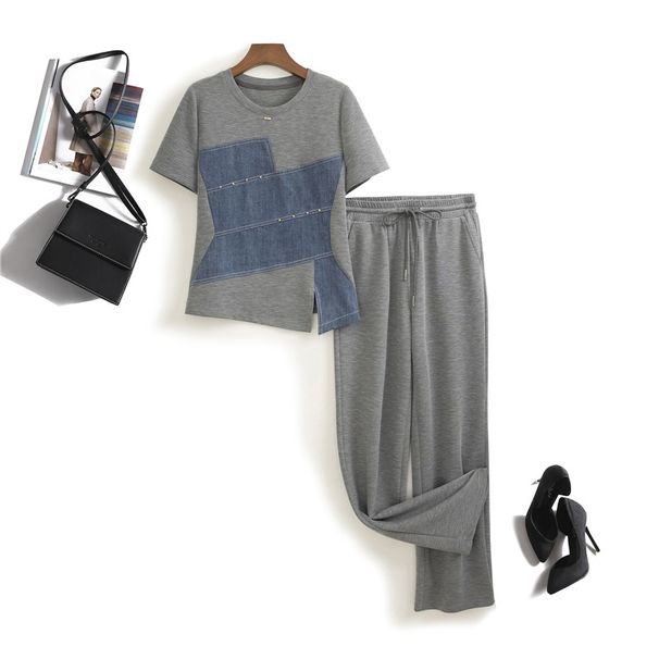 Women's Clothing Design Denim Patchwork Short Sleeved T Shirt With Trousers Two Piece Fashion Suit_ecoleips.com