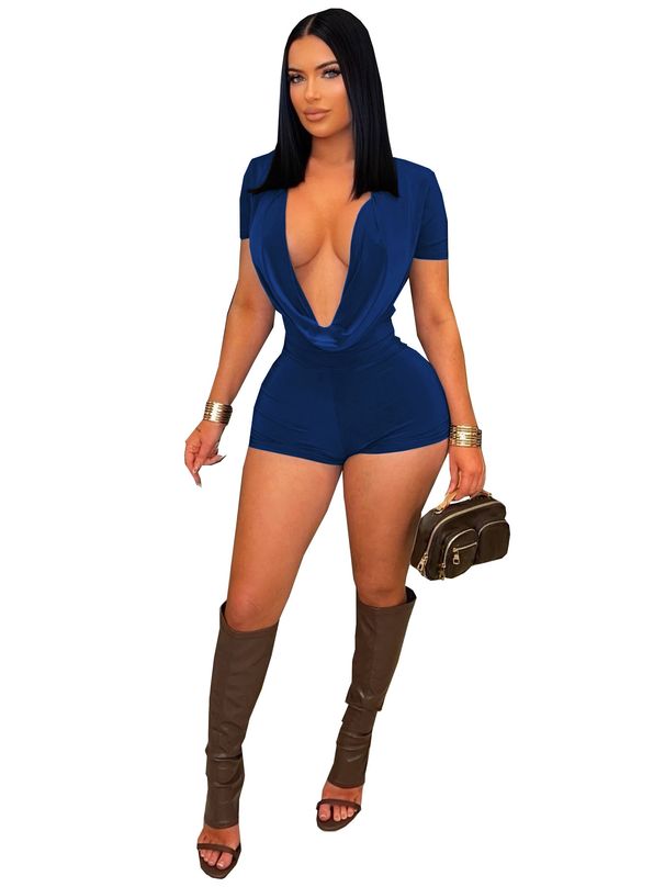 Women's Slim Waist Bodycon Jumpsuit Deep V Solid Color Sexy Party Clothing European And American Style Spring/Summer Short Rompers_ecoleips.com