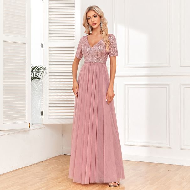 Women's Clothing Elegant Short Sleeved Splicing Double V Neck A Line Tulle Evening Dress A Line Sequined Dress_ecoleips.com