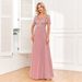 Women's Clothing Elegant Short Sleeved Splicing Double V Neck A Line Tulle Evening Dress A Line Sequined Dress_ecoleips.com