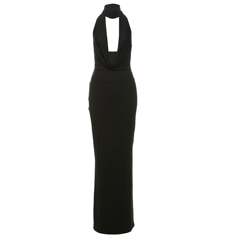 Women's Clothing Elegant Halter Neck V Neck Backless Dress Side Slit Autumn Winter Sexy Clothing_ecoleips.com