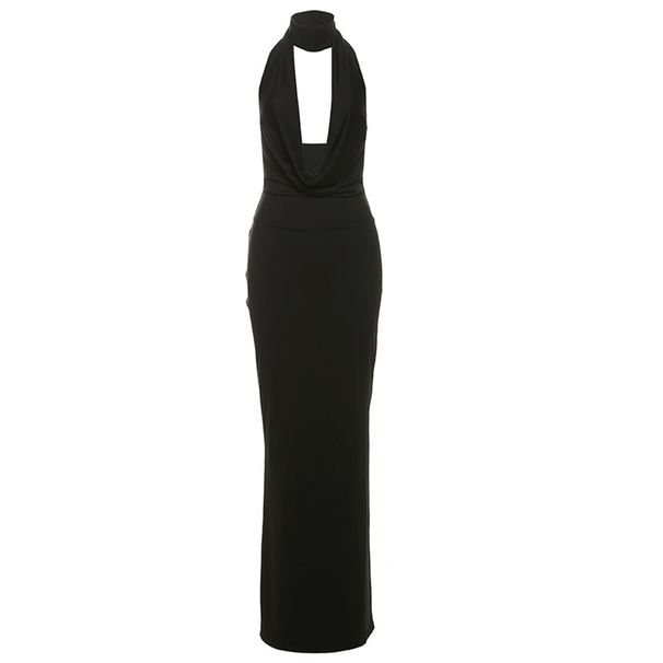 Women's Clothing Elegant Halter Neck V Neck Backless Dress Side Slit Autumn Winter Sexy Clothing_ecoleips.com