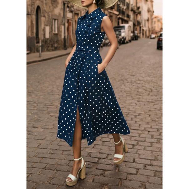Women Sleeveless Polka Dot Vintage Turn Down Collar Fake Button Lace Up Waist Casual Elegant Party Dress_ecoleips.com