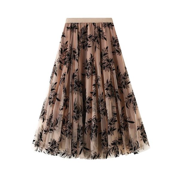 Flocking Printed Gauze Skirt Women's Skirt Autumn and Winter Medium Length A-shaped Pendulum Floral Mesh White Skirt Long Skirt 1819_ecoleips.com