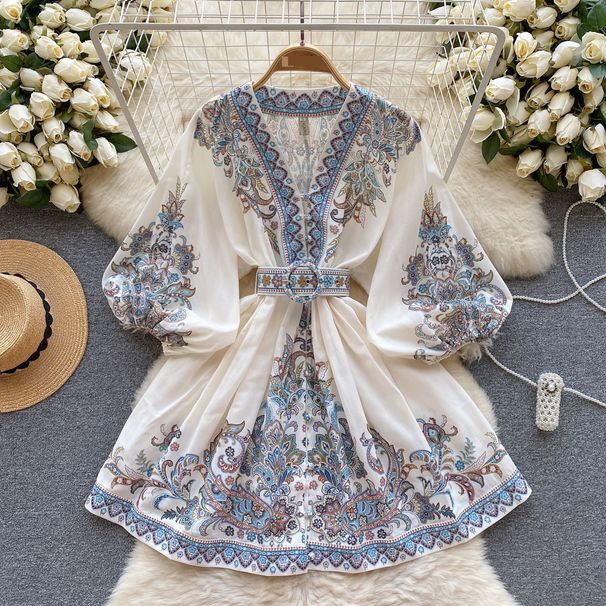 Women's Clothing Printed Dress For Women V Neck Puff Sleeve Waist Design Niche Celebrity Temperament Dress_ecoleips.com