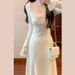 White Knit Dress – Elegant Long Sleeve Maxi Dress For Women, Lace Trim High Waist A-Line Dress, Fall Layering Staple (Beige, Sizes S-Xl)_ecoleips.com