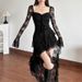 Women's High Waist Lace Patchwork Dress European American Style Solid Color Square Neck Long Sleeve Autumn Fashion 2024_ecoleips.com