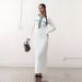 Denim Collar Knit Dress - Oversized Fit, Long Sleeve, Belted Waist, Flared Hem, Casual Elegance Blocked Knit Dress_ecoleips.com