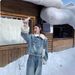 Women's Clothing Women's Korean Retro Style Fleece Lined Denim Two Piece Set Warm Short Jacket With Fur Collar Washed Blue Wide Leg Pants_ecoleips.com