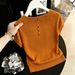 Women's Pumpkin Orange Square Neck Short Sleeve Knit T-Shirt Hollowed Out Back Buttons Spring Summer Style Top_ecoleips.com