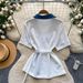 Women's Clothing Women's Style Loose Breathable Shirt Peter Pan Collar Lace Patchwork Design Short Sleeved Waist Cinching Top For Commuting_ecoleips.com