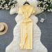Women's Chic V-Neck Short Sleeve Knit Dress Elegant A-Line Summer Dress with Raw Hem Button Front Waist Defining_ecoleips.com