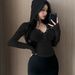 Women's Clothing Women's Slim Fit V Neck Hooded Top Stretchy Versatile Flattering Early Autumn Casual Wear For Everyday And Commuting_ecoleips.com