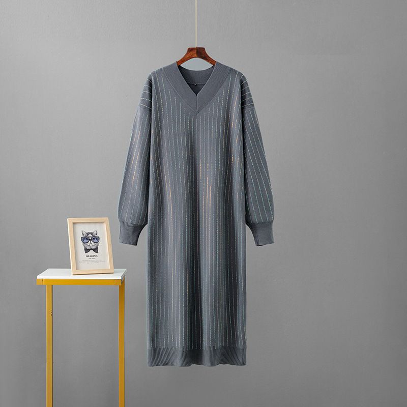 Heavy Duty Diamond Knitted Long Skirt for Women V Neck Fashionable Loose Slim Temperament Outerwear Cross Border European Goods_ecoleips.com