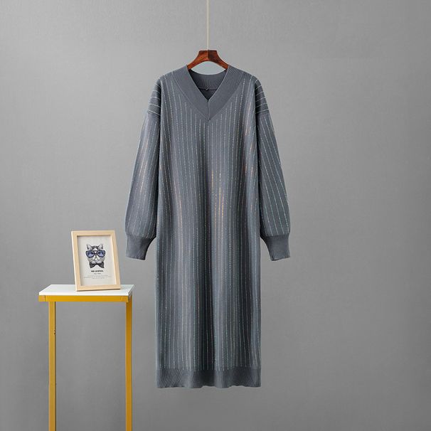 Heavy Duty Diamond Knitted Long Skirt for Women V Neck Fashionable Loose Slim Temperament Outerwear Cross Border European Goods_ecoleips.com