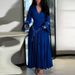 European And American Women's Clothing Large Size New Elegant Temperament Round Neck Long Sleeve Solid Color Ruffled Beaded Pleated Dress_ecoleips.com