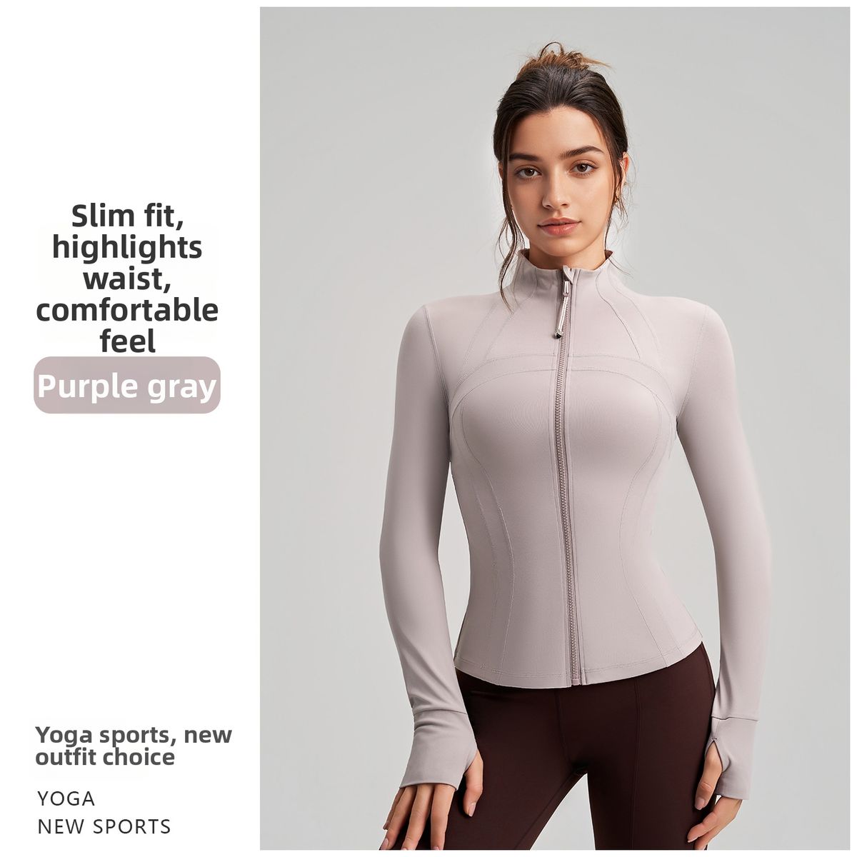 Women's Clothing Slim Fit Sports Jacket Long Sleeve Yoga Top With Finger Cots Stand Collar High End Sportswear_ecoleips.com