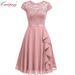 Half High Collar Short Sleeved Lace Lace Midi Skirt Chiffon Splicing Elastic Belt Dress_ecoleips.com