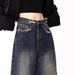 American Retro Blue-gray High-waisted Loose Denim Pants For Women, Spring Autumn Washed And Distressed Straight Casual_ecoleips.com