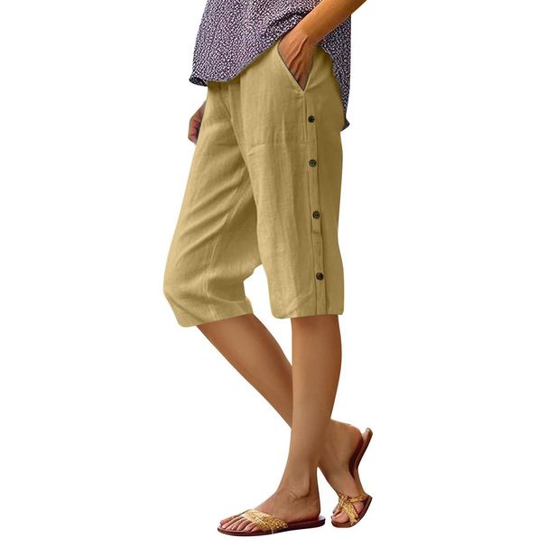 Women's High Waist Capri Pants Loose Fit Breathable Cotton Linen Blend Casual Trousers with Side Pockets And Seam Decoration_ecoleips.com