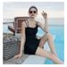 Elegant Black Spaghetti Strap One Piece Swimsuit Dress With Ruffle Neck Side Drawstring Crisscross Back Modest Swimwear_ecoleips.com