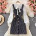 Women's temperament bow tie shirt two-piece suit tweed plaid suspender dress_ecoleips.com