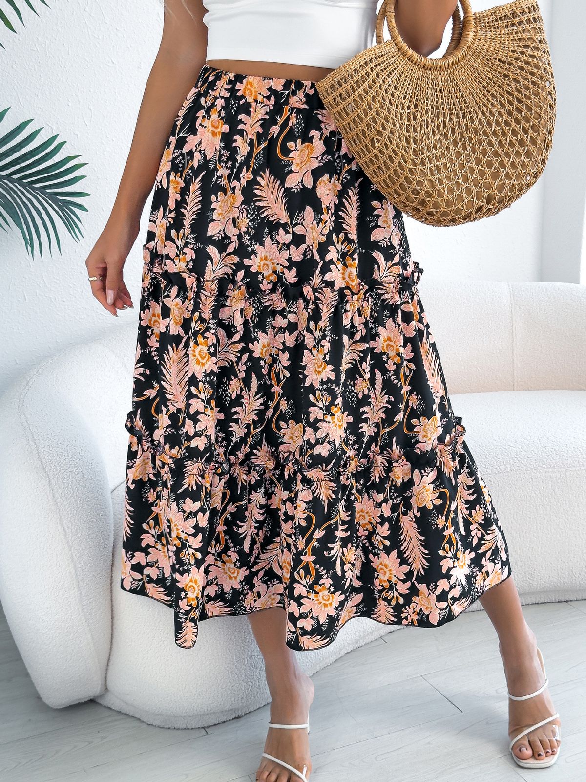 Floral Ruffle Hem Midi Skirt For Women, Boho Chic Spring Summer Beach Maxi Skirt With Elastic Waist, A-Line Flowy Casual Dress_ecoleips.com