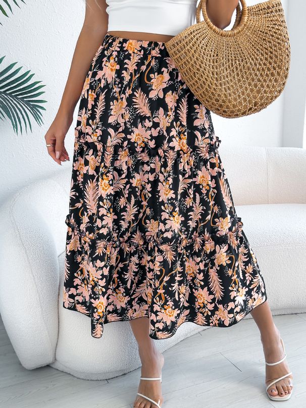 Floral Ruffle Hem Midi Skirt For Women, Boho Chic Spring Summer Beach Maxi Skirt With Elastic Waist, A-Line Flowy Casual Dress_ecoleips.com
