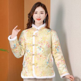 girl Ethnic Style Women, Winter Coat With Button Closure, Tang Suit Style, Warm Deerskin Velvet Cotton Coat, Stand Collar,_ecoleips.com