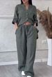 Women's Clothing Casual Cotton And Linen Solid Color Shirt Drawstring Wide Leg Pants Suit_ecoleips.com