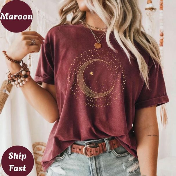 Mystic Moon Phase Celestial Gold Crescent Moon Tee Witchcore Spiritual Graphic T-Shirt For Women Y2K Top Daily Trendy Streetwear_ecoleips.com
