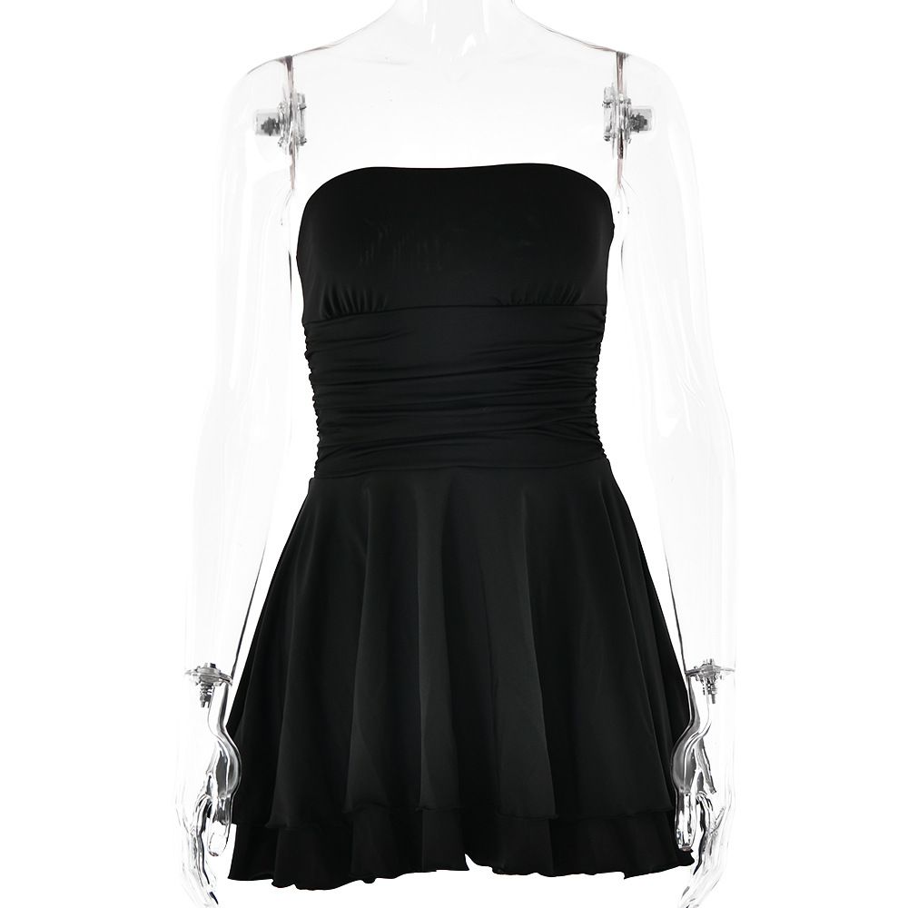 Women Chic Figure‑Flattering Mini Dress With Solid Tone, Off‑Shoulder Bandeau Neckline, Open‑Back & High‑Waist Silhouette_ecoleips.com