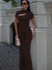 Mozision Hollow Out Short Sleeve Sexy Maxi Dress Women Brown Turtleneck Draped Ruched Bodycon Club Party Long Dresses Female_ecoleips.com