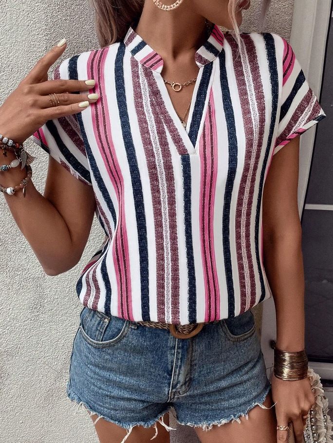 Verve 2025 Women's Spring Summer New Striped Print V-neck Batwing Sleeve Shirt T-shirt_ecoleips.com