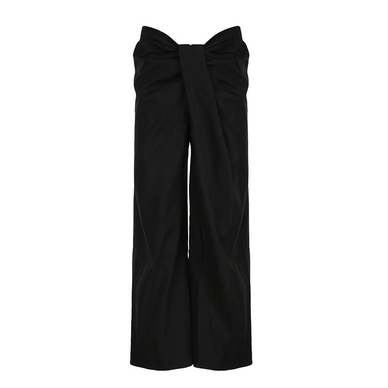 Women's Casual Low-Waisted Wide Leg Pants Irregular Knot Drape Loose Fit Solid Color Woven Trousers_ecoleips.com