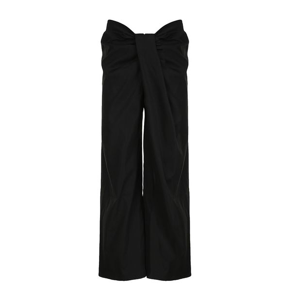 Women's Casual Low-Waisted Wide Leg Pants Irregular Knot Drape Loose Fit Solid Color Woven Trousers_ecoleips.com