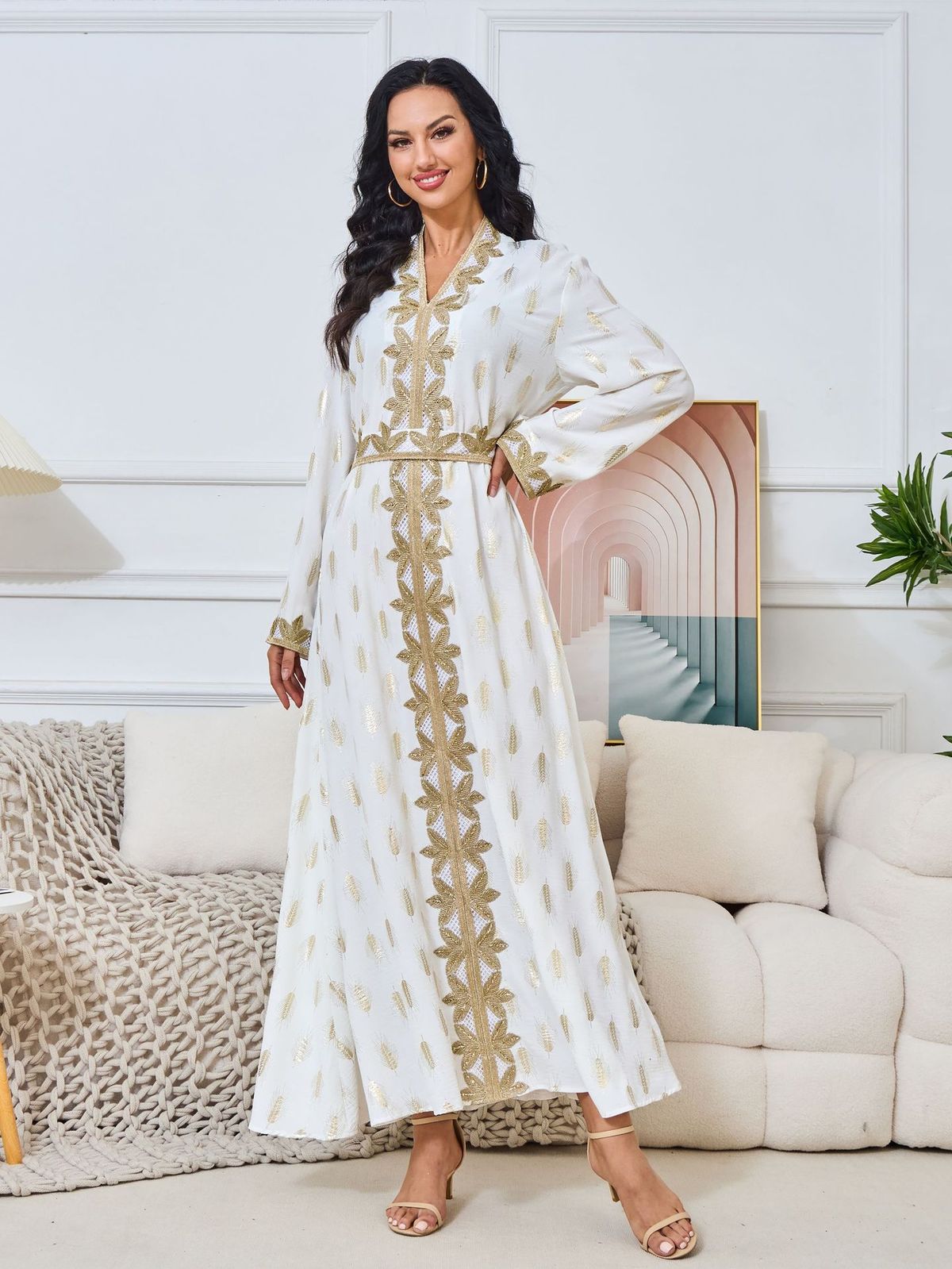 Women's Clothing Middle Eastnew fashion women's Muslim home robe white bronzing elegant V neck dress_ecoleips.com