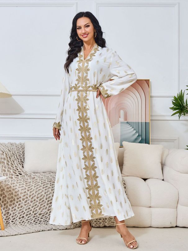 Women's Clothing Middle Eastnew fashion women's Muslim home robe white bronzing elegant V neck dress_ecoleips.com